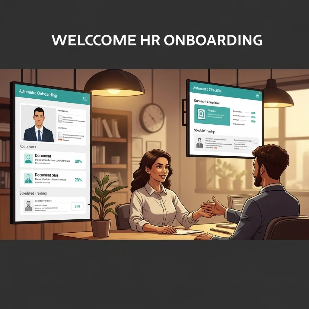 A welcoming HR onboarding scene showing the balance between automation and human connection