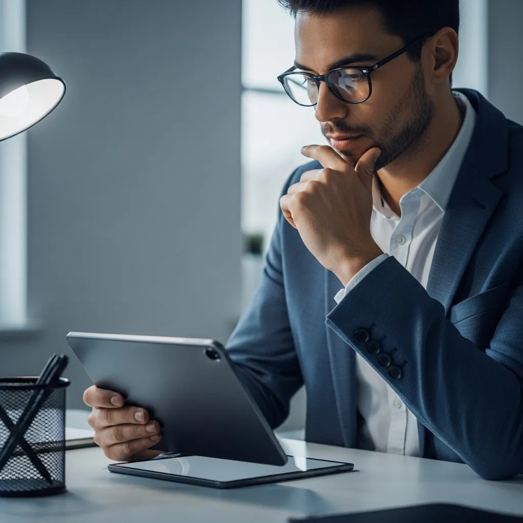 A photorealistic scene showing a person thoughtfully evaluating multiple AI tool subscription dashboards on a tablet