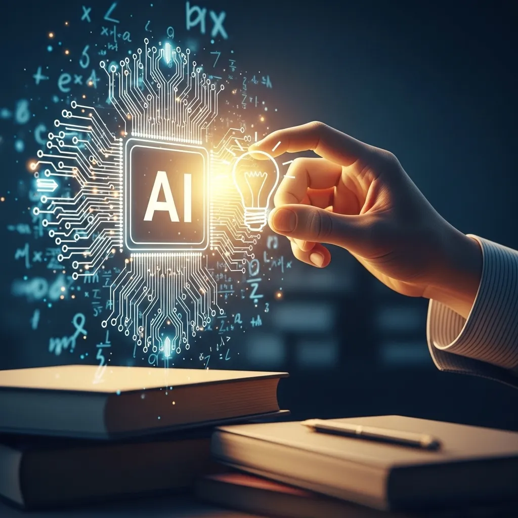 A symbolic digital illustration showing a student's hand reaching toward a glowing, intricate AI circuit board or neural netw