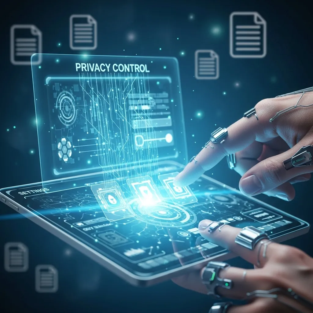 A photorealistic close-up of hands adjusting privacy control settings on a futuristic tablet interface, with translucent data