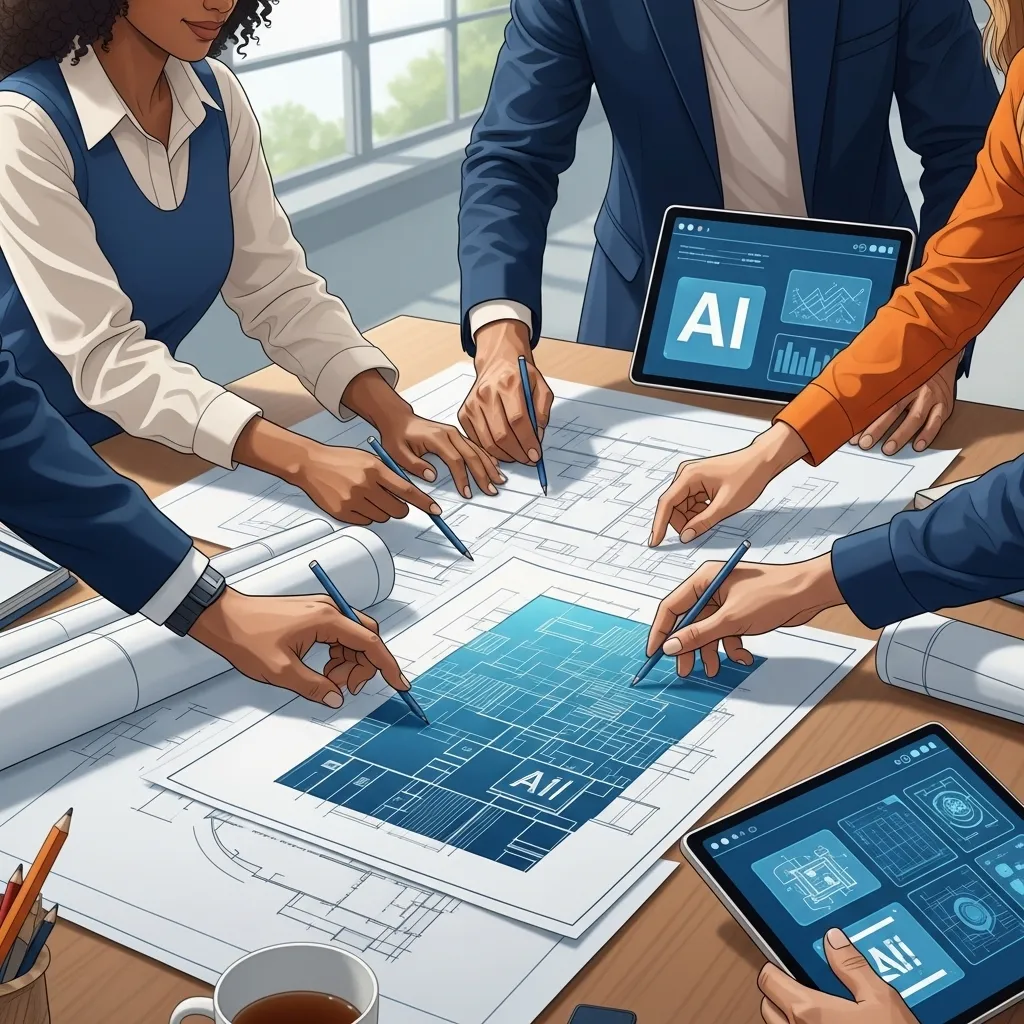 A photorealistic image of a manufacturing facility control room where operators monitor AI-assisted production lines