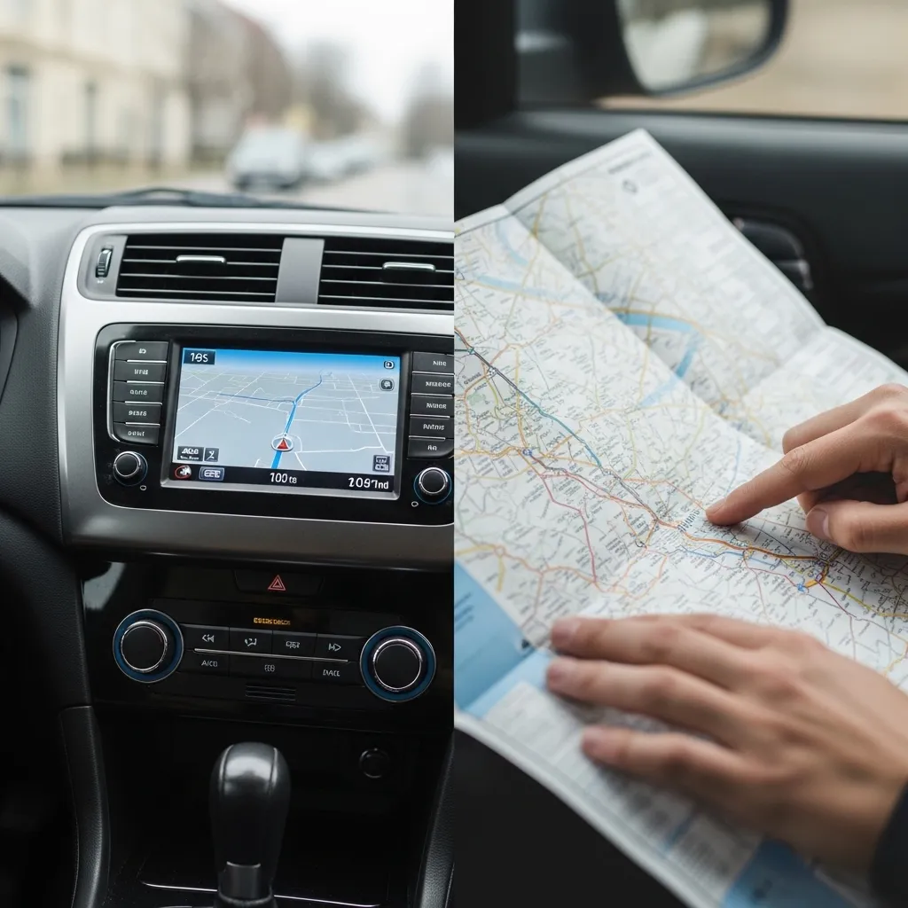 A split-screen composition showing two navigation methods