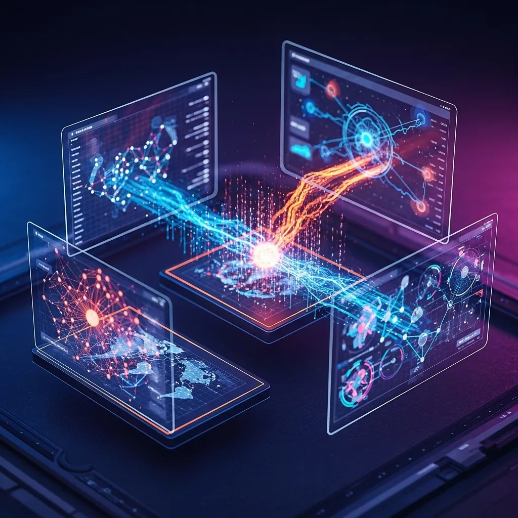 A photorealistic image of a professional evaluating multiple AI tool subscriptions on a transparent financial dashboard