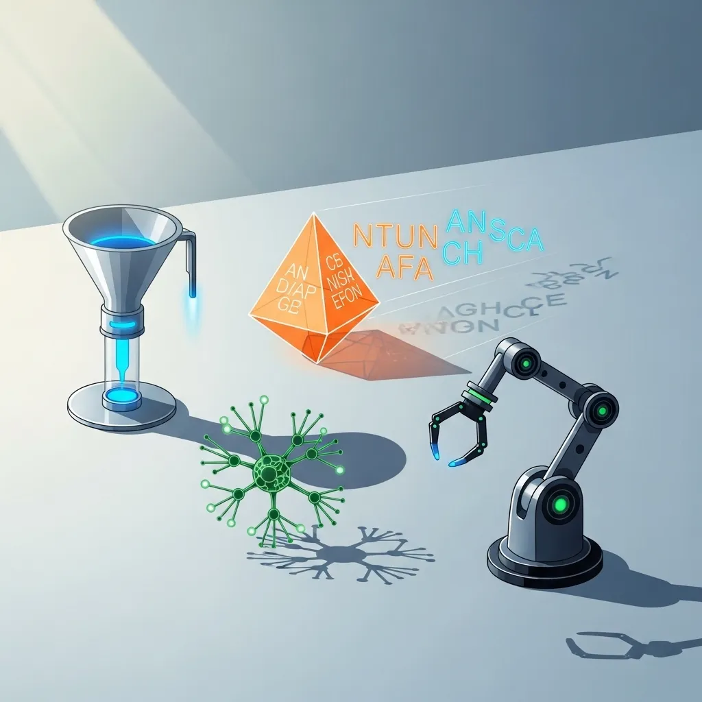 A minimalist digital illustration showing several specialized AI tools as precise, elegant instruments arranged on a clean wo