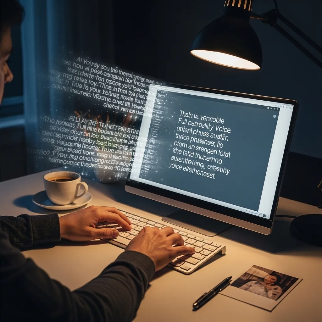 A detailed photorealistic image of a writer's hands on a keyboard, with a translucent, ghostly overlay of AI-generated text f