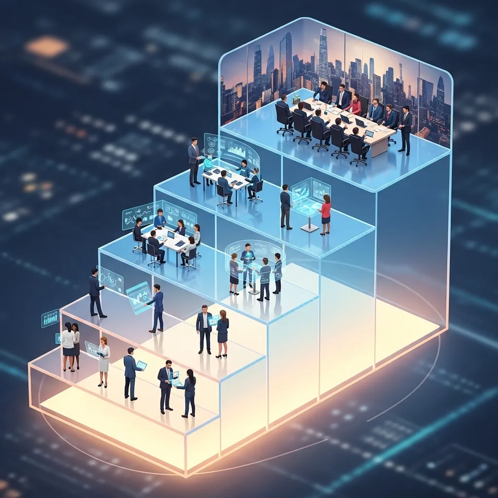 A detailed illustration of tiered pricing structure visualized as ascending transparent platforms with different user groups 