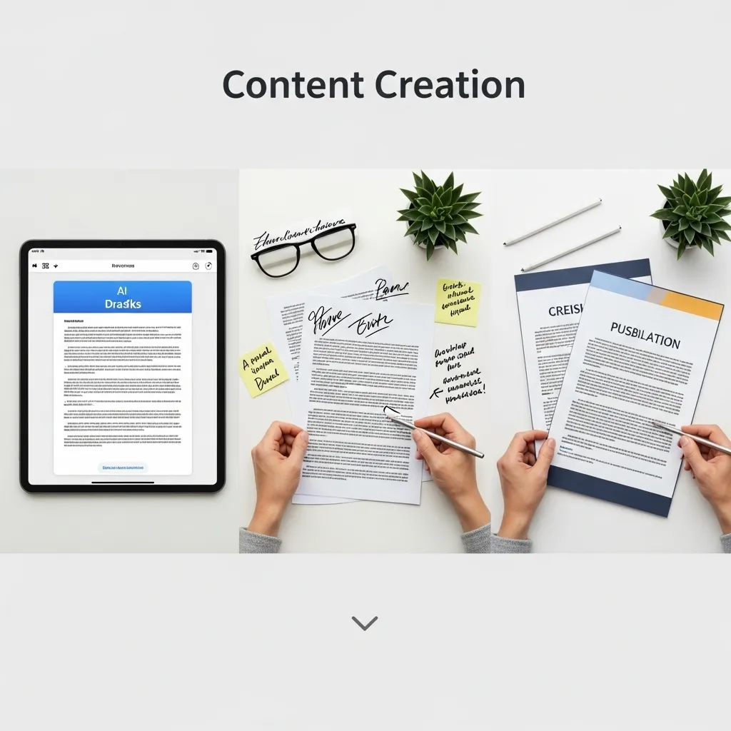 A detailed workspace showing the content creation workflow: left side shows AI-generated drafts on a tablet, middle shows col