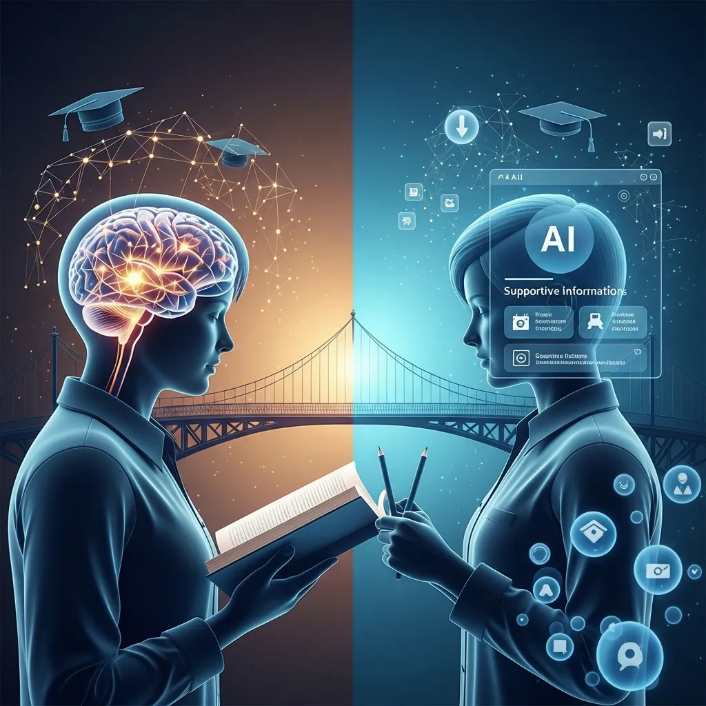 A split-screen digital illustration showing AI as a supplement to human learning