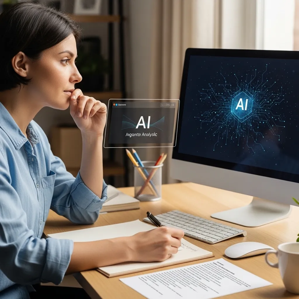 A photorealistic image of a person at a desk, thoughtfully looking between their own handwritten notes on paper and an AI-gen