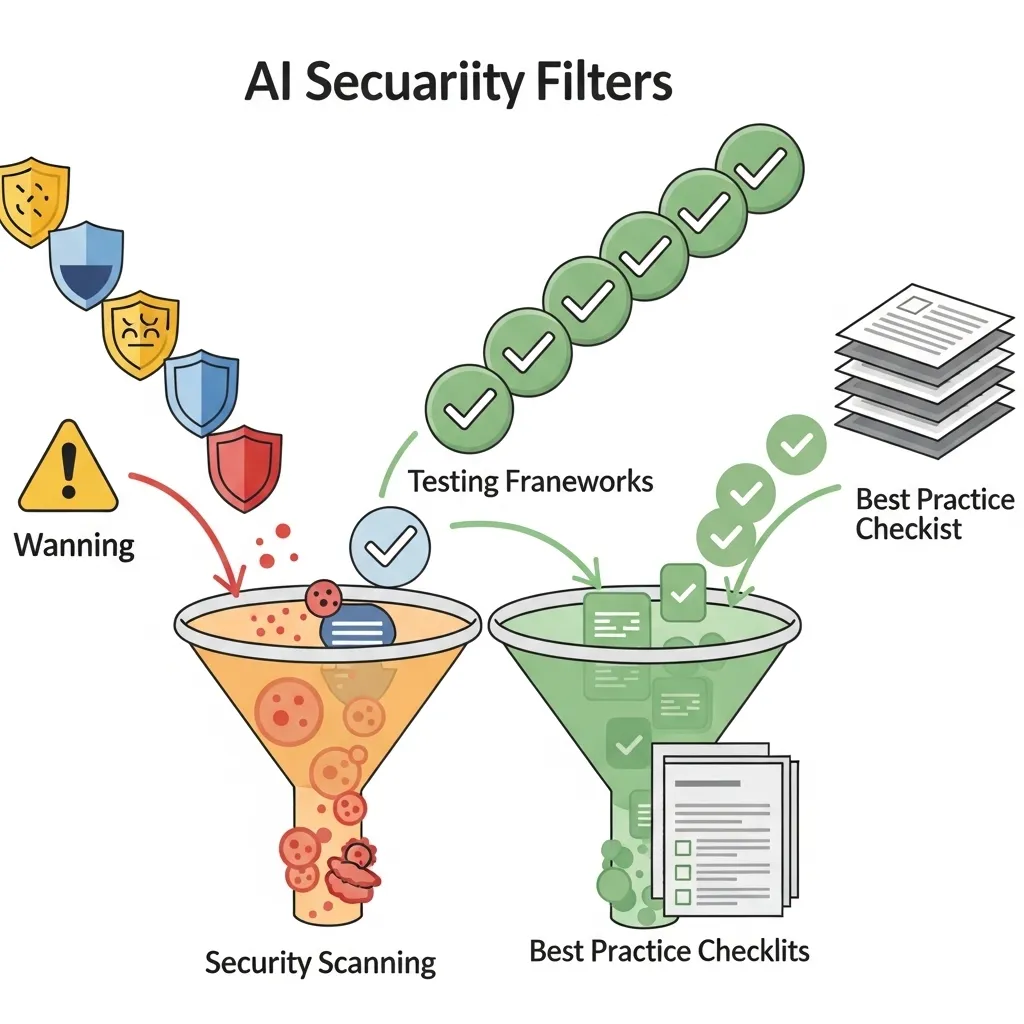 A conceptual security-focused illustration showing AI-generated code passing through multiple validation filters: security sc