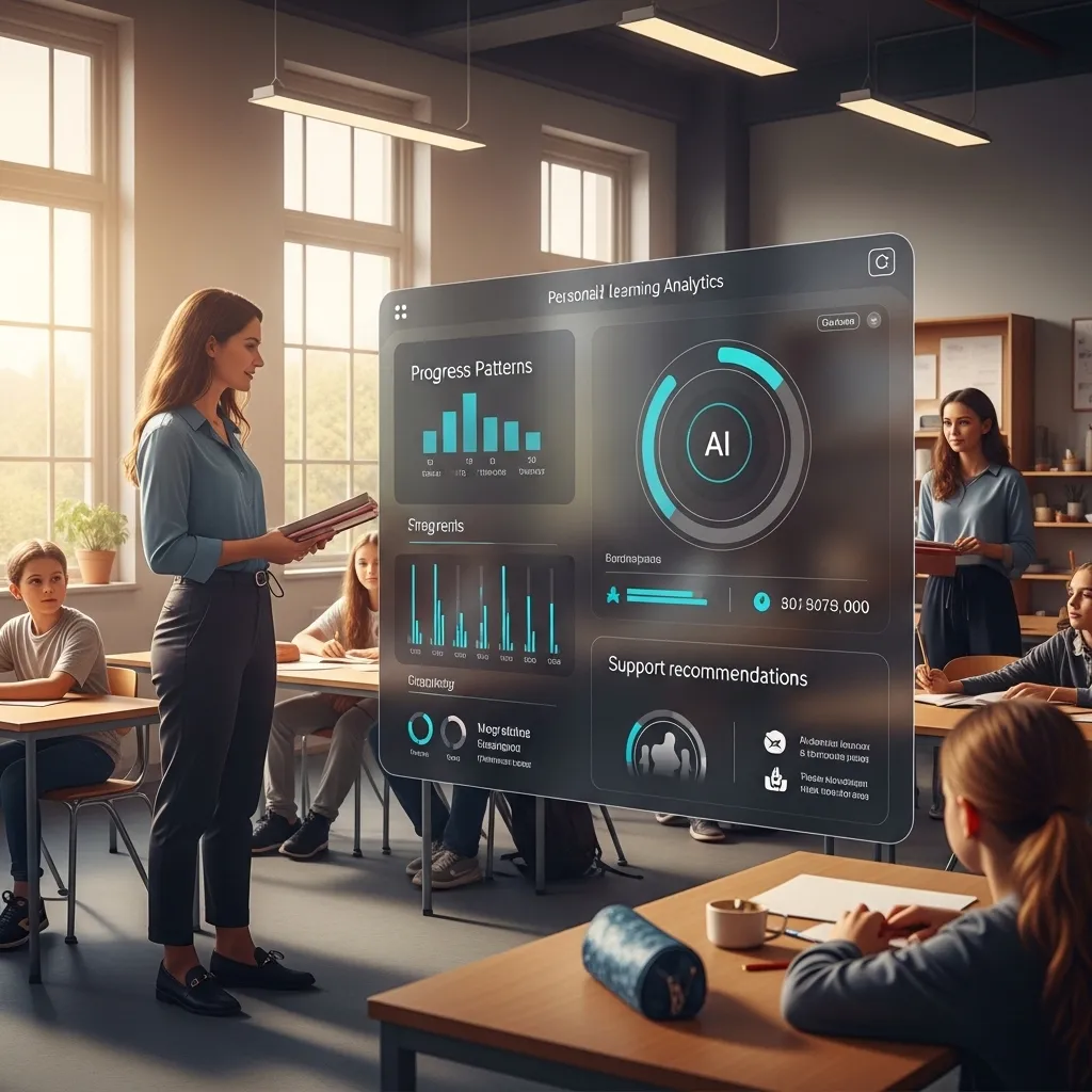 A modern classroom where a teacher interacts with students while a subtle AI interface on a side screen displays personalized