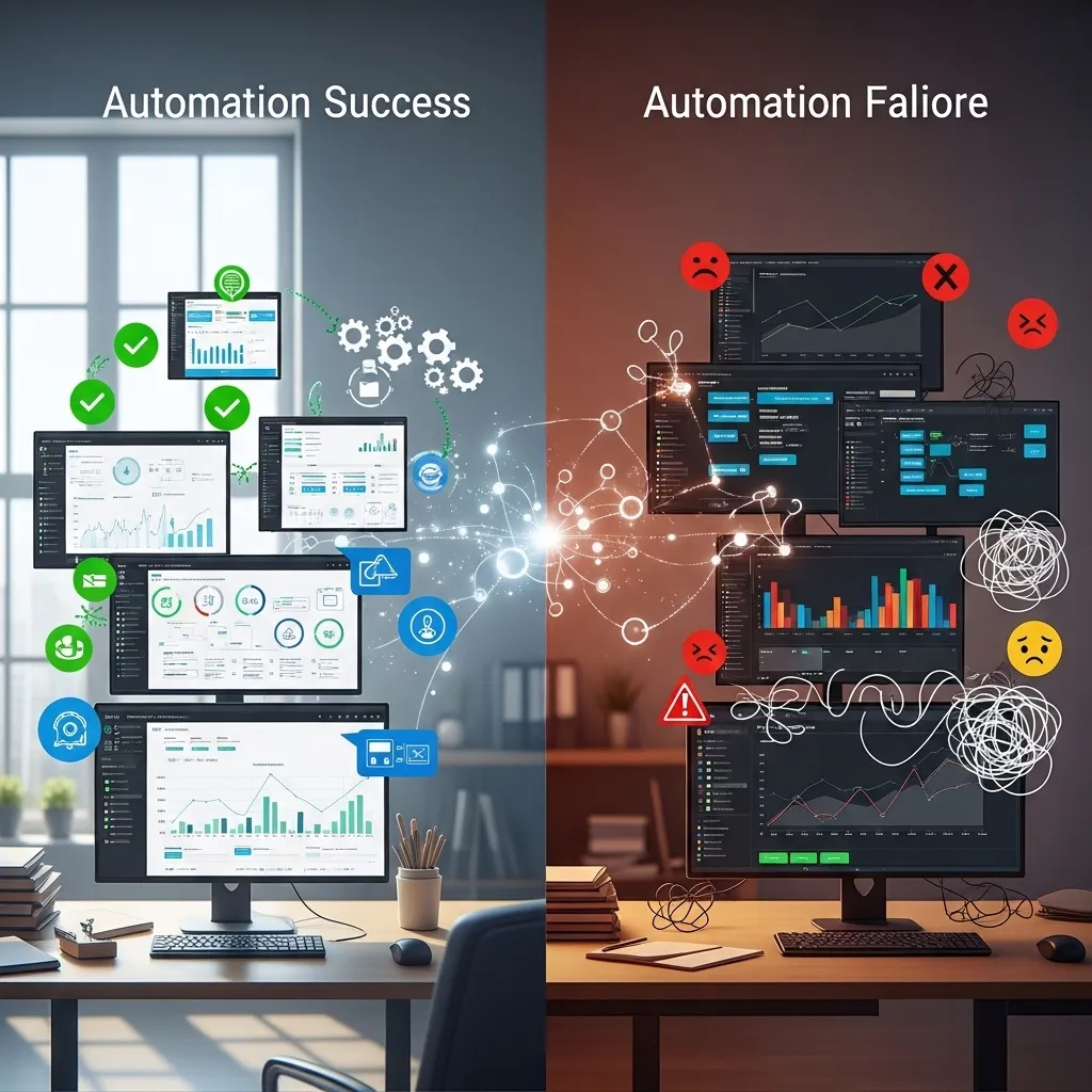 A split visualization showing automation success versus failure