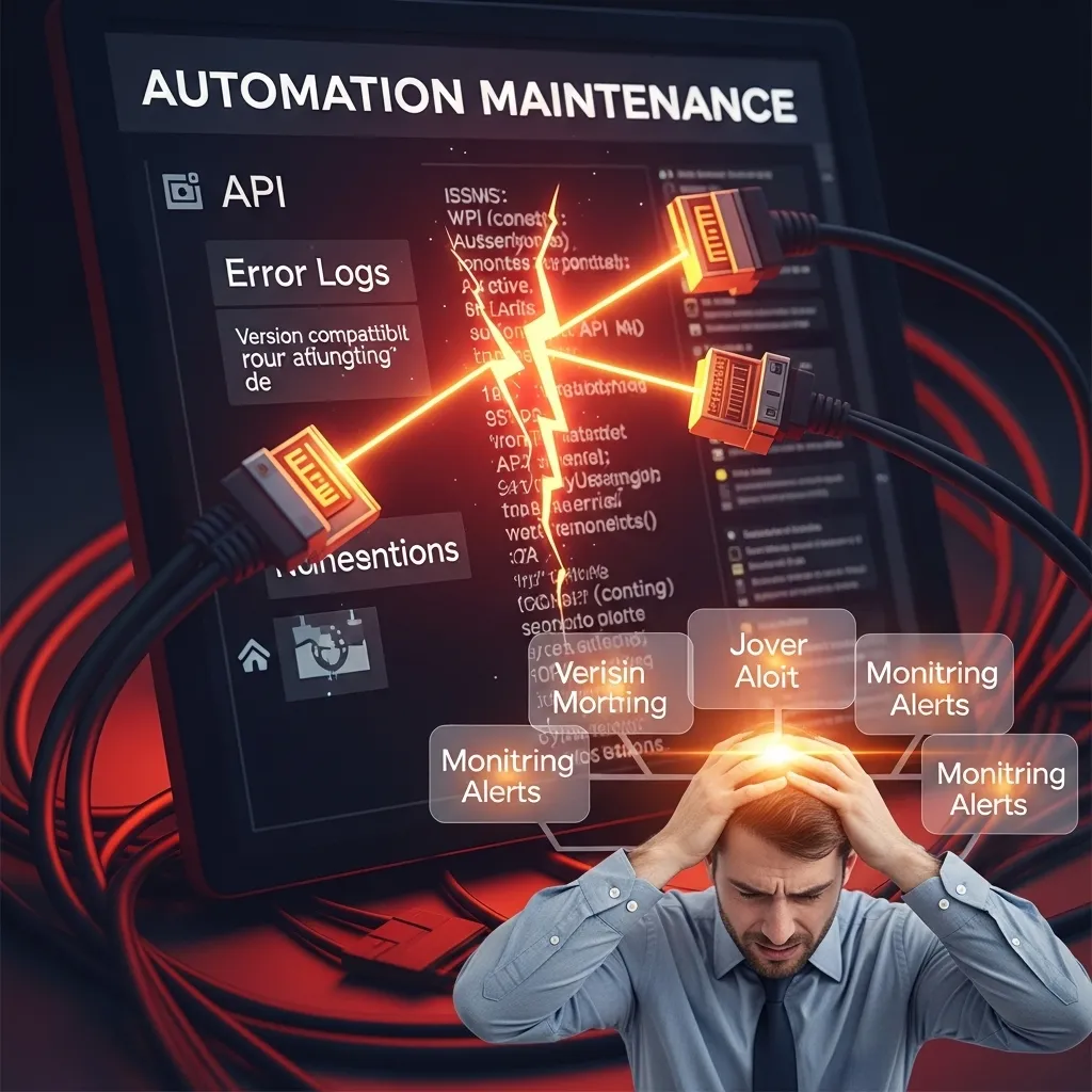 A photorealistic depiction of automation maintenance challenges: a technician's screen shows broken API connections as severe