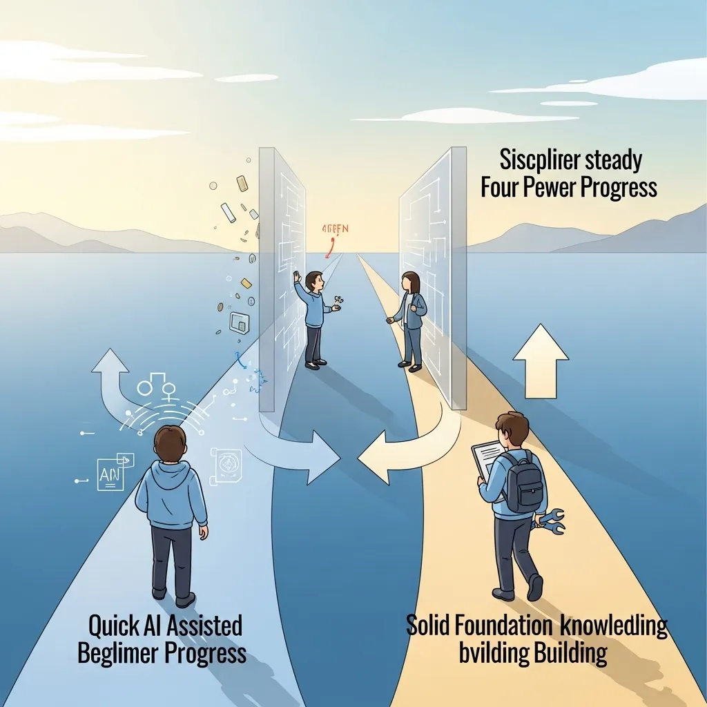 A motivational scene showing a programmer rebuilding a project from scratch without AI assistance