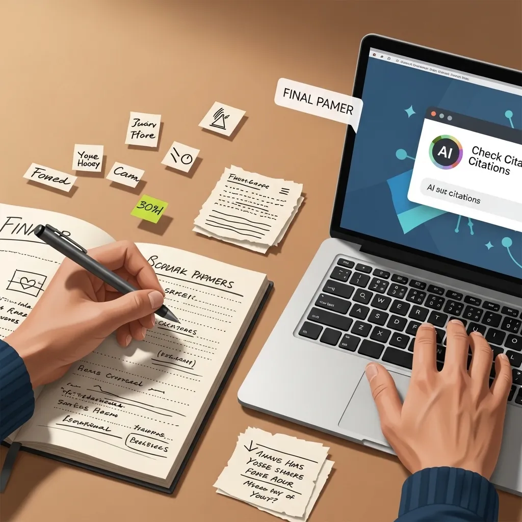 A powerful digital illustration of a student's hands crafting a final paper