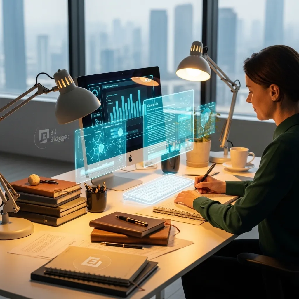 A futuristic yet balanced workspace from 2027, showing a blogger skillfully using both AI tools and traditional writing metho