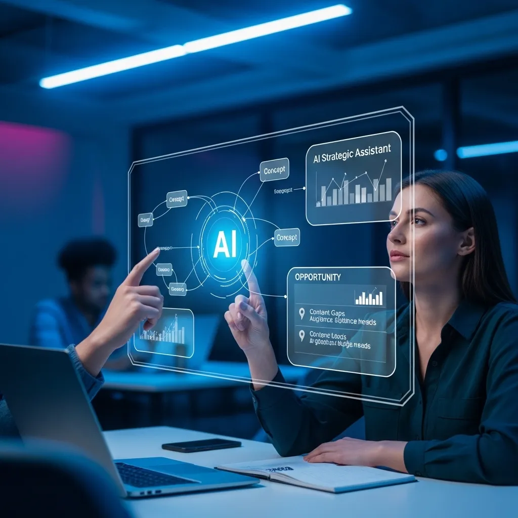 A futuristic collaborative workspace where a content creator interacts with an AI strategic assistant visualized as a hologra