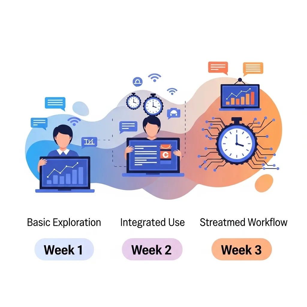 A vibrant illustration showing a three-week visual timeline of AI tool adoption