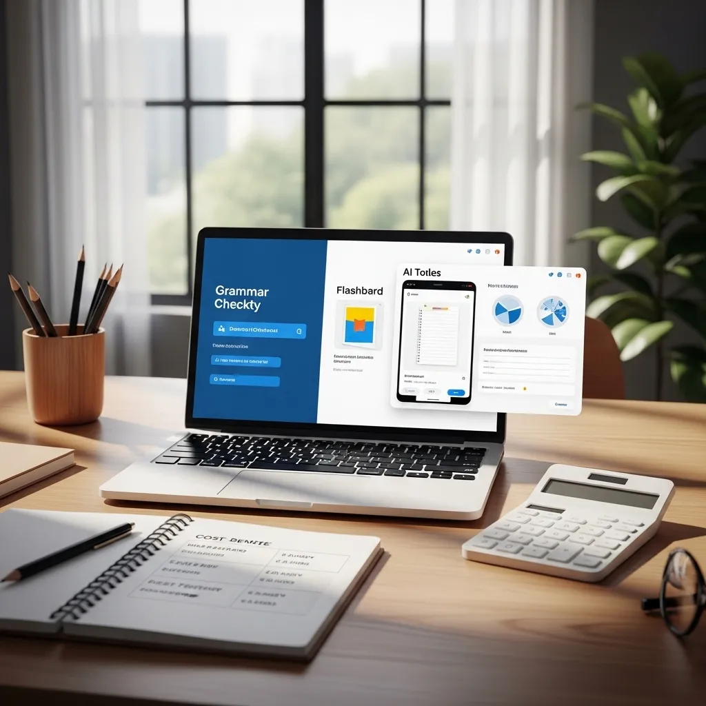 A clean, minimalist desk setup with a laptop showing multiple AI tool interfaces side by side—a grammar checker, flashcard ap