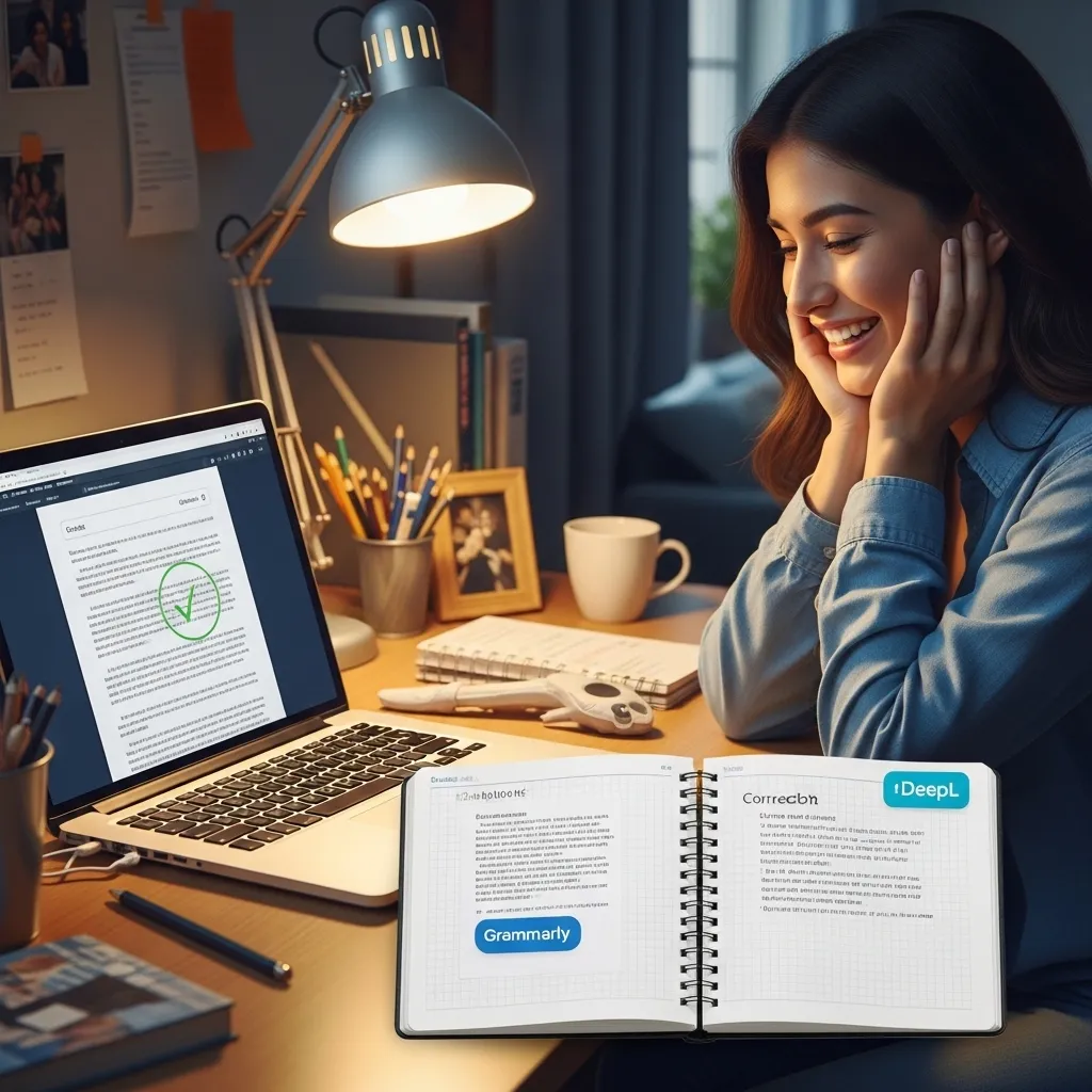 A heartwarming, photorealistic scene of an international student smiling with relief and pride at a laptop screen displaying 