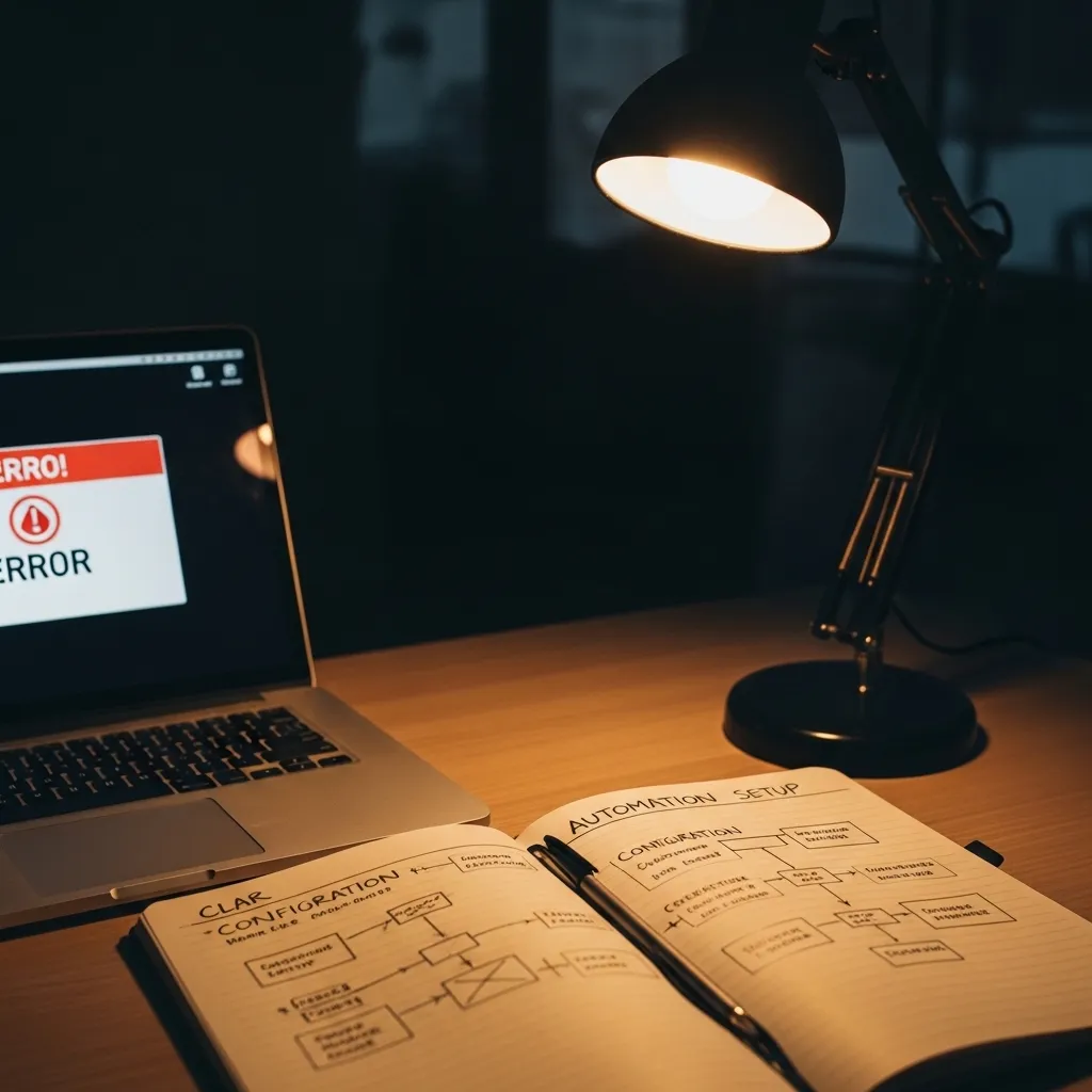 An overhead shot of a person's hands building a workflow with physical metaphor blocks on a white surface