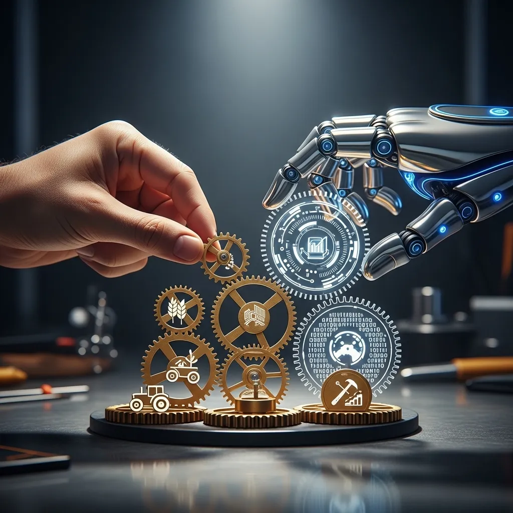 A symbolic, photorealistic image showing a human hand and a sleek, robotic hand working together to assemble a complex, intri