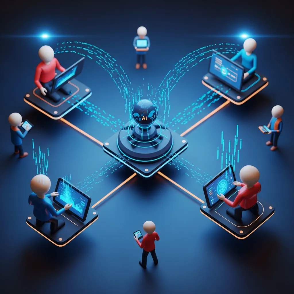 A futuristic visualization of specialized AI agents collaborating on complex objectives