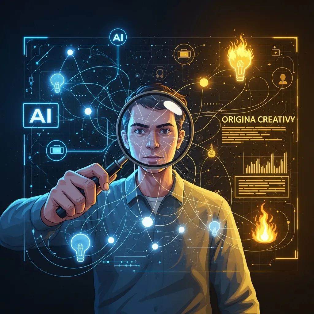 A symbolic illustration of a content creator holding a magnifying glass, carefully inspecting a complex, glowing network of i