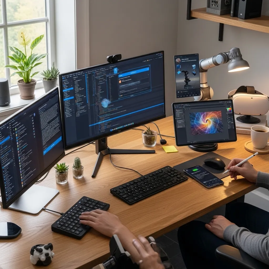 A photorealistic workspace with multiple AI tools in use simultaneously - different devices showing various interfaces, with 