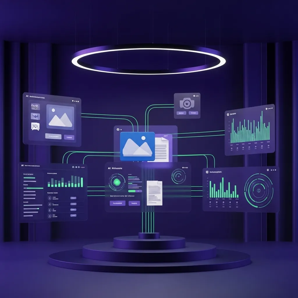 A futuristic business integration scene showing multiple AI applications working in harmony