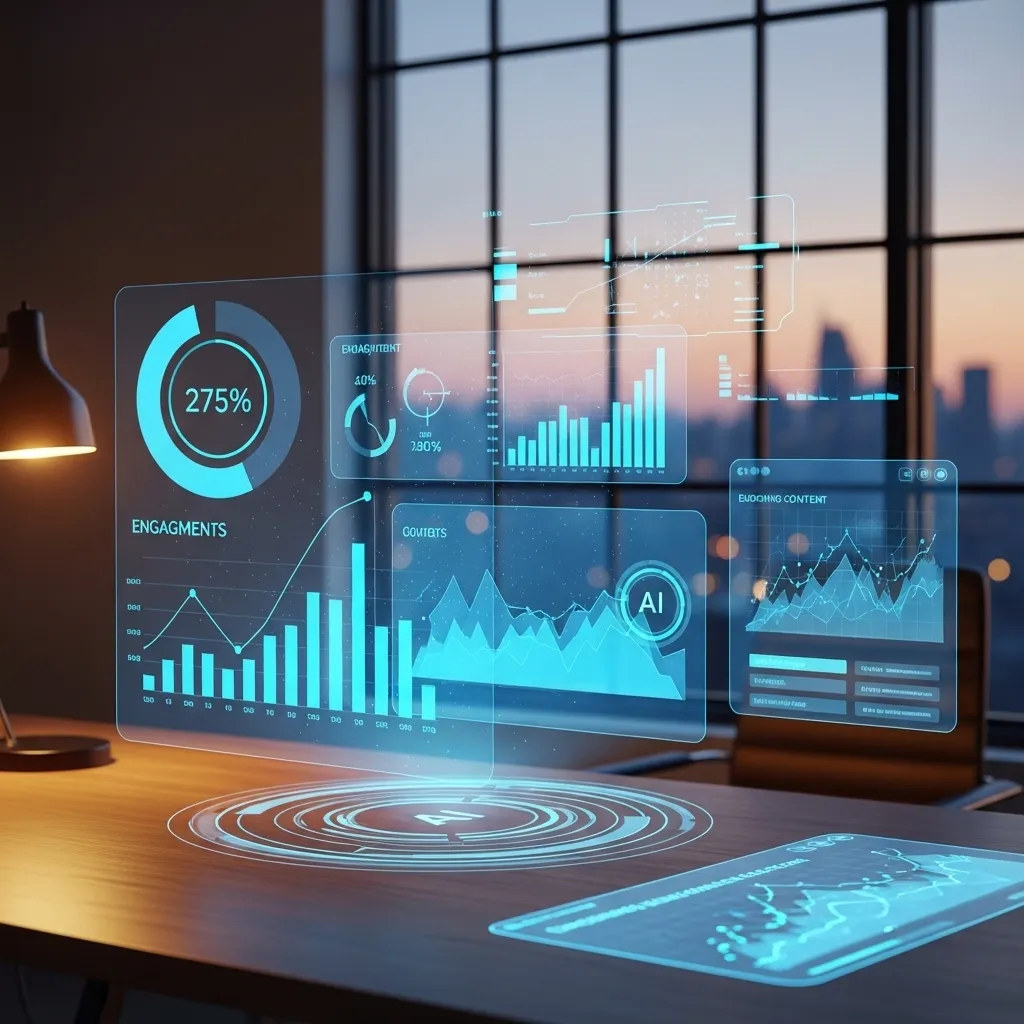 A futuristic yet practical visualization of content analytics and evolution: holographic charts show engagement metrics float