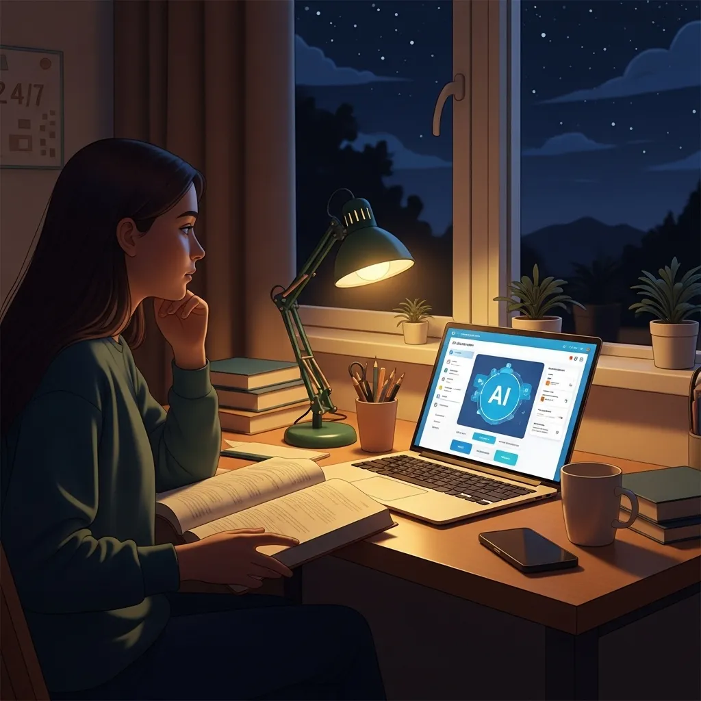 A late-night study scene with a student at a dorm desk, laptop open showing a helpful AI interface