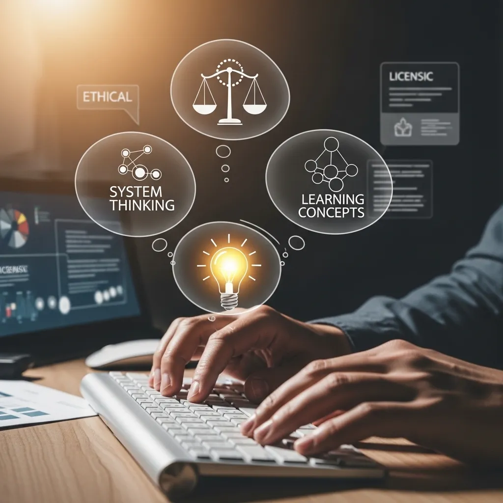 A symbolic illustration showing a developer's hands on a keyboard with transparent thought bubbles rising above: one showing 