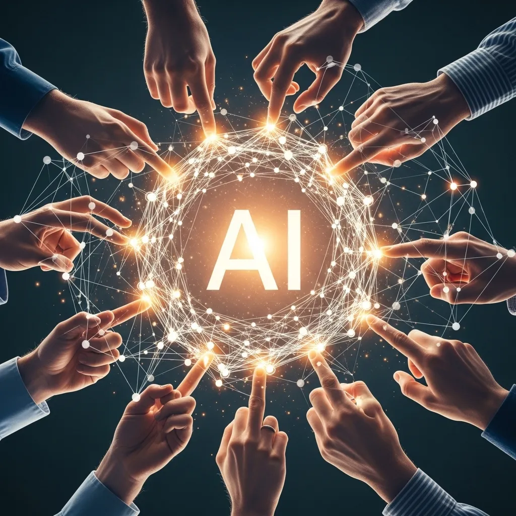 A symbolic image of human hands shaping a glowing, intricate AI network structure