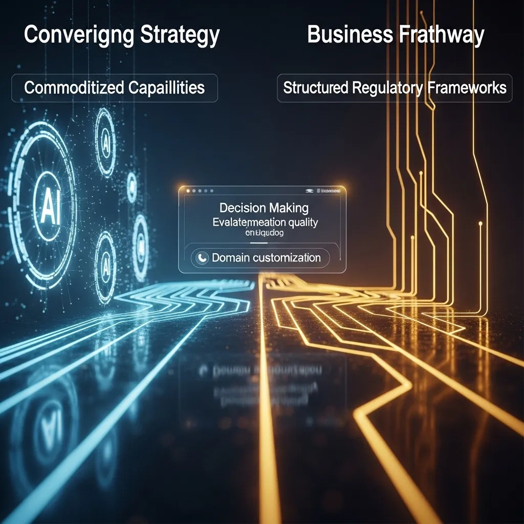 A futuristic business strategy visualization showing converging technological and regulatory pathways