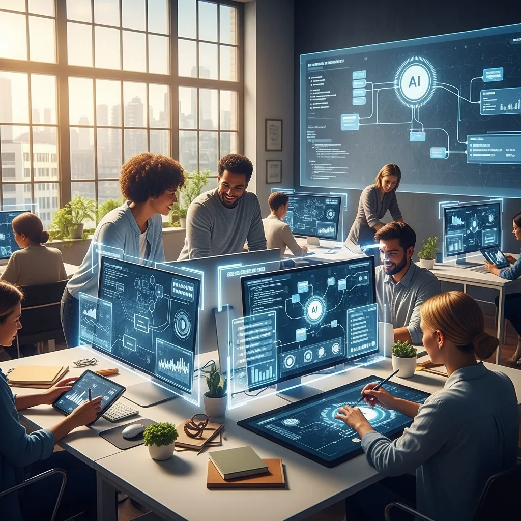 A hopeful workplace scene where humans and AI collaborate seamlessly