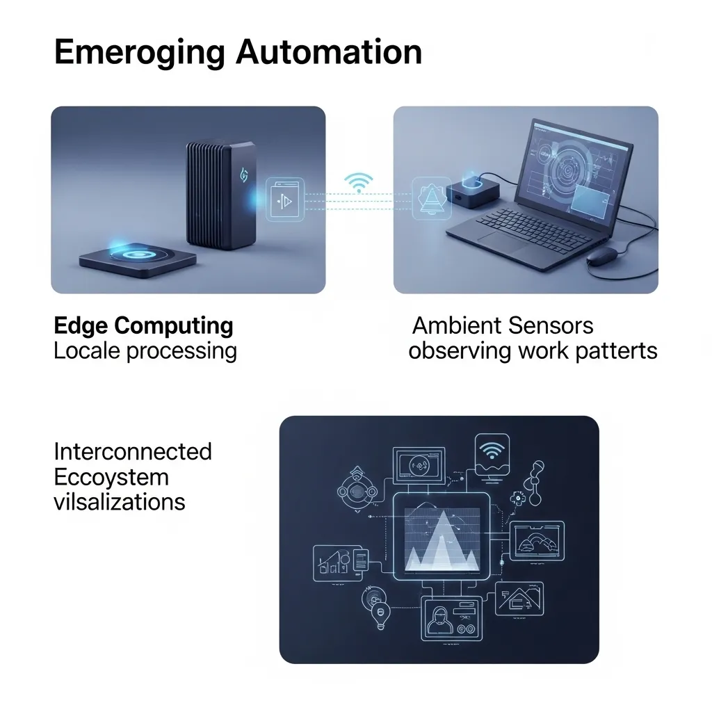 A futuristic yet grounded illustration showing three emerging automation trends: edge computing devices with localized proces