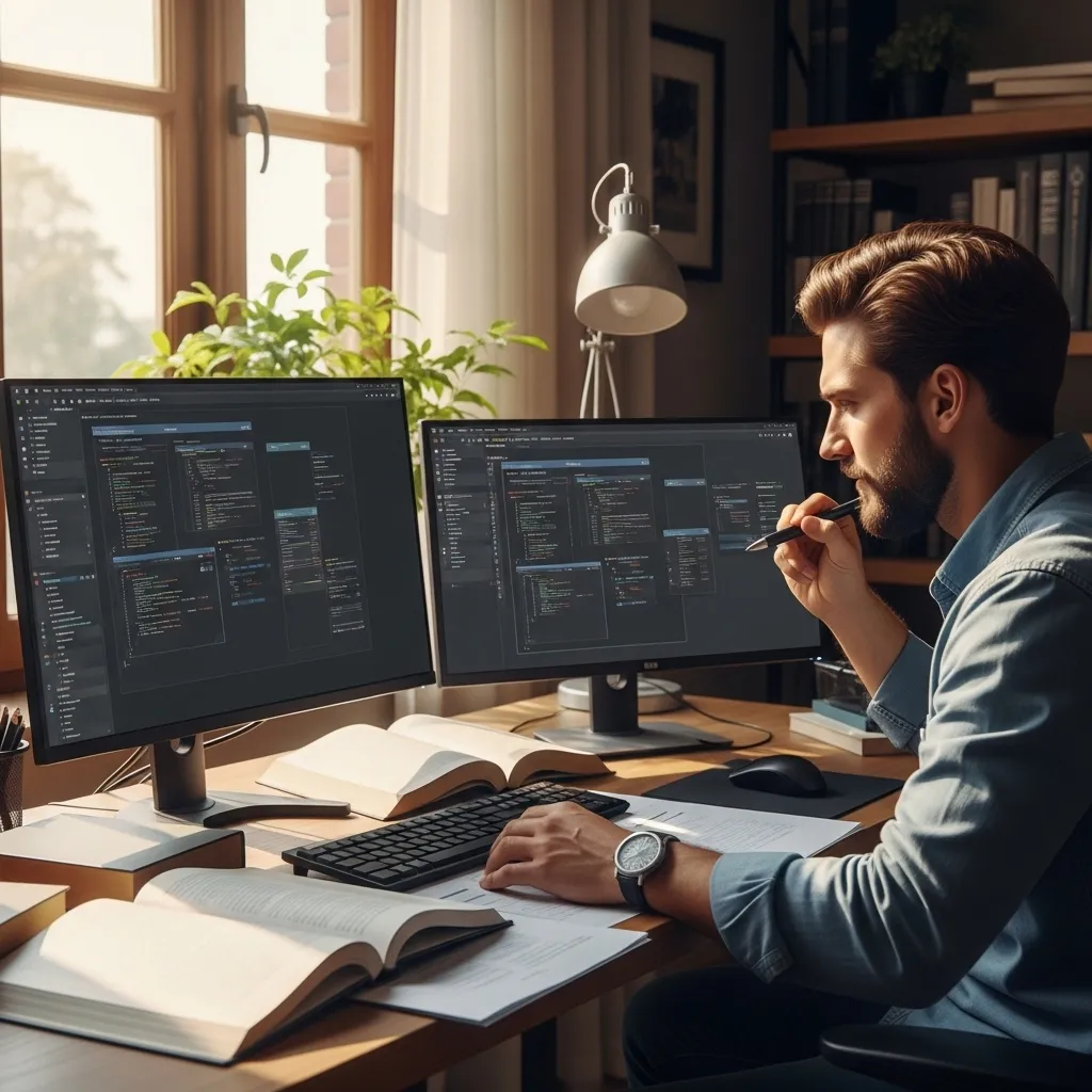 A vibrant workspace evolution montage showing a coder's progression through learning phases