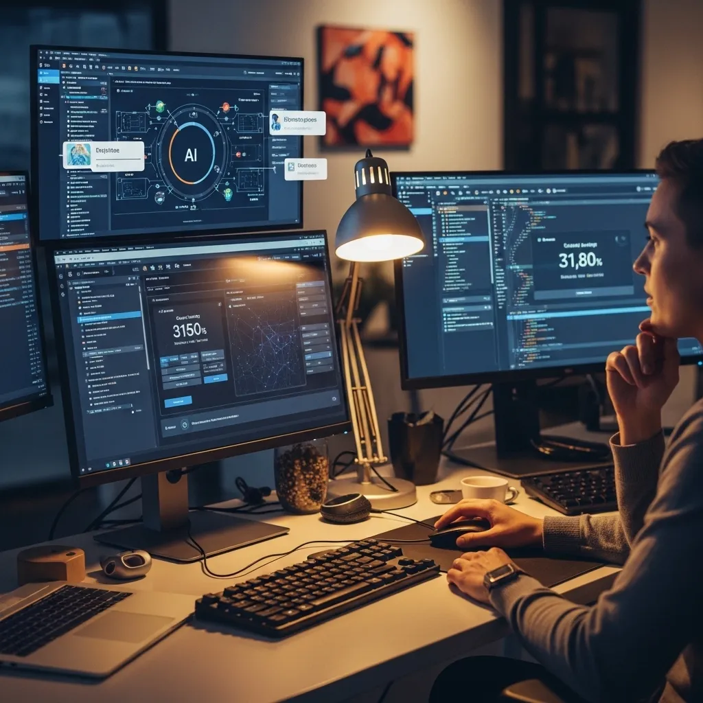 A detailed workspace scene showing a developer thoughtfully configuring and measuring AI tool impact