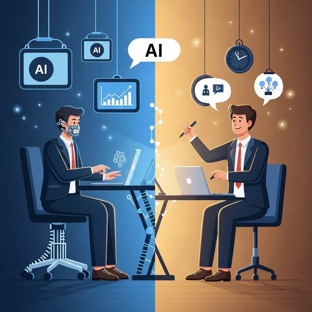 A futuristic yet realistic office scene showing AI-assisted team collaboration