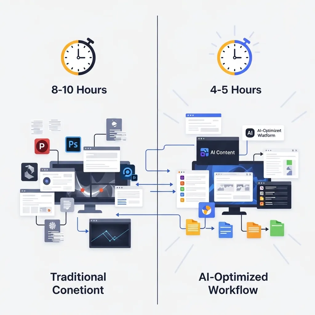 A futuristic but realistic workspace showing AI tools as integrated infrastructure—seamlessly embedded in content creation pr