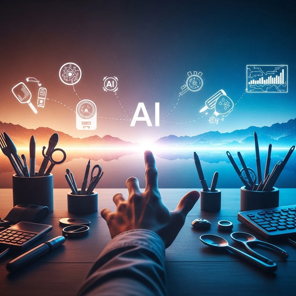 A photorealistic image of a hand reaching toward a horizon where AI tools and human creativity merge into a seamless landscap