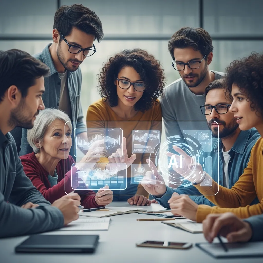 A hopeful, photorealistic image of a diverse group of people of different ages and backgrounds gathered around a table, colla