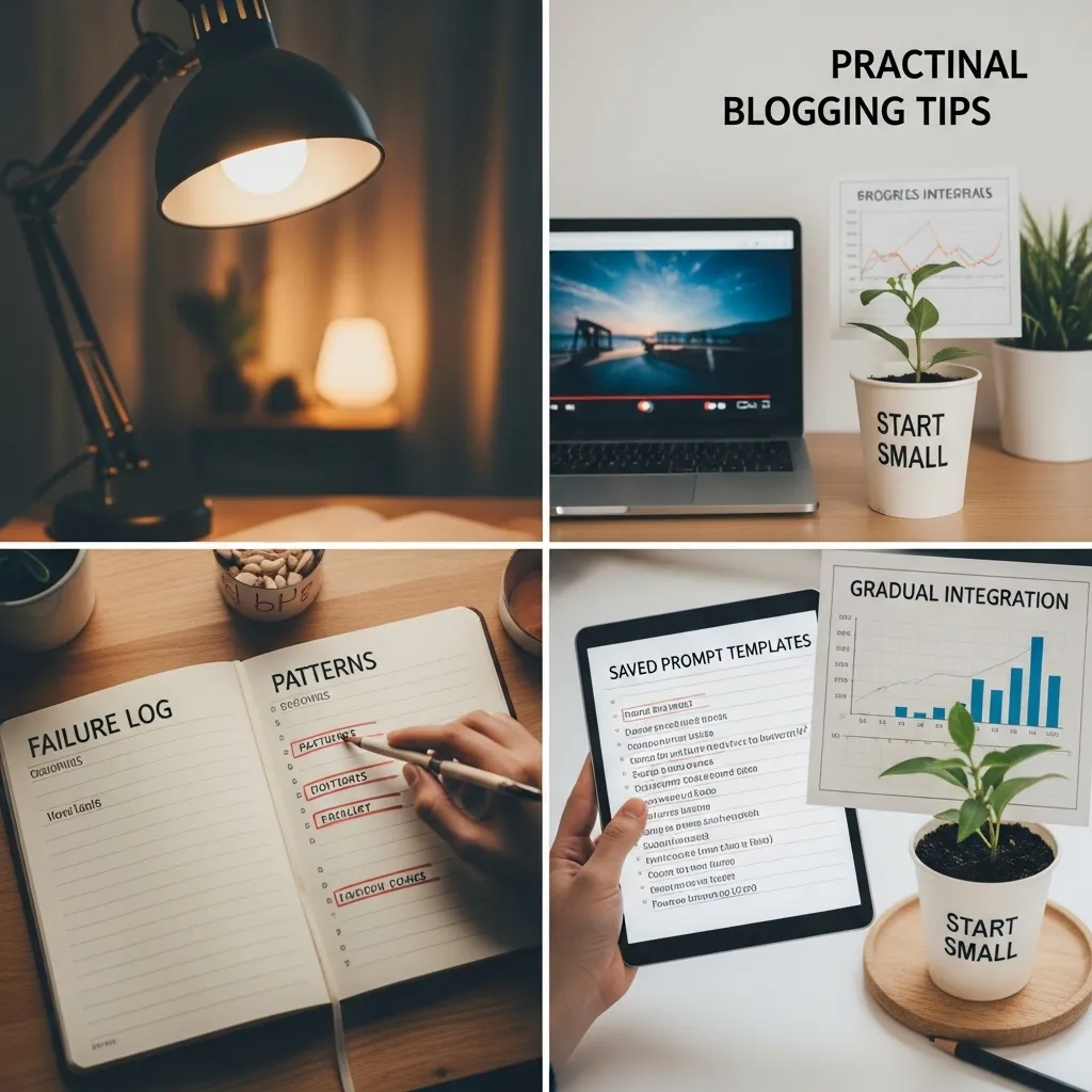 A photorealistic collage of practical blogging tips