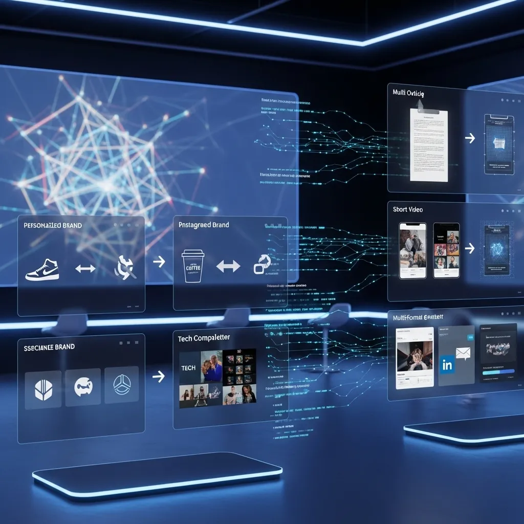 A futuristic vision of AI content creation: holographic interfaces showing personalized brand adaptation, multi-format conten