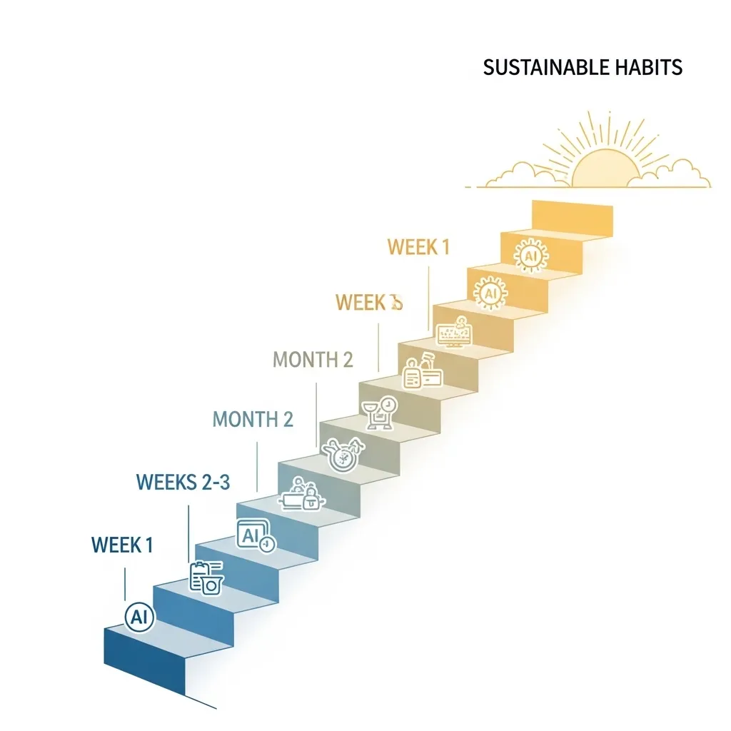 An elegant infographic-style illustration showing a progressive staircase with labeled steps: Week 1, Weeks 2-3, Month 2, etc