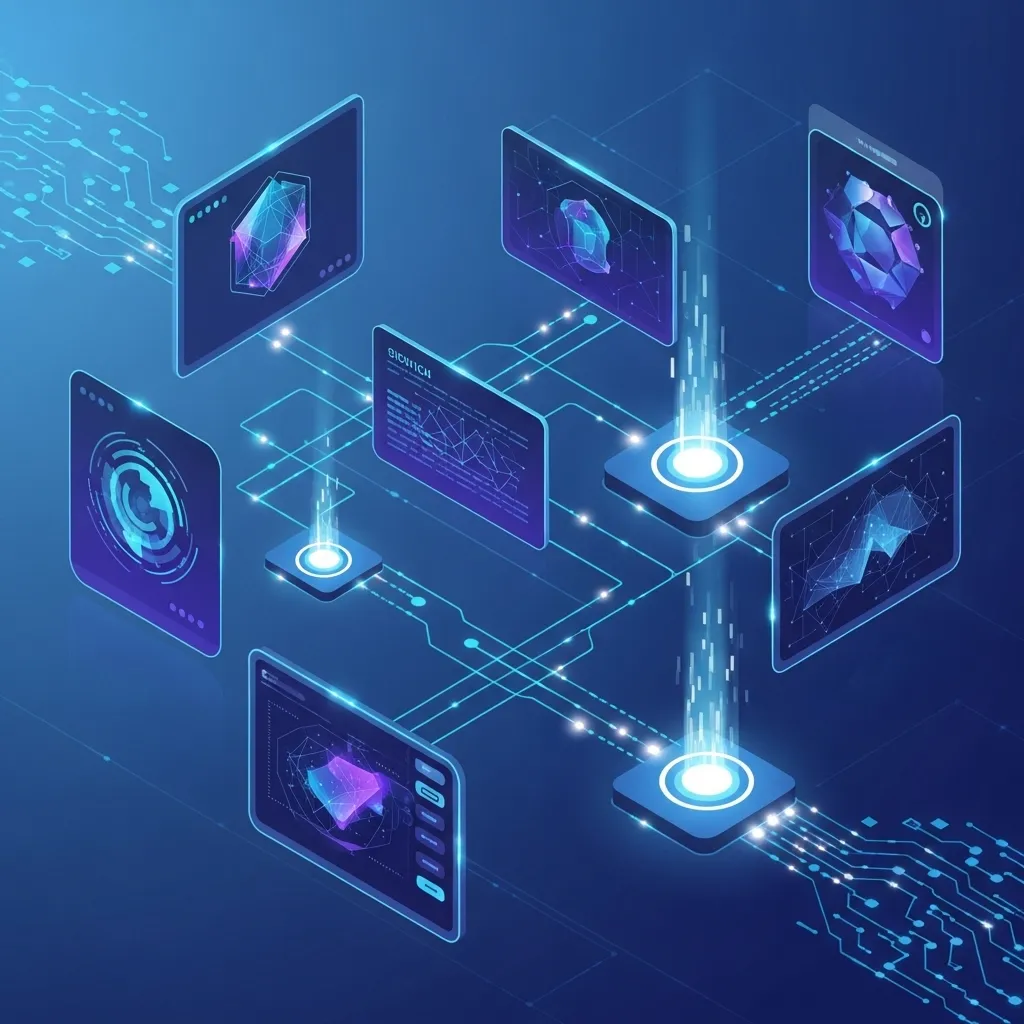 A futuristic digital illustration showing multiple AI tools connecting and integrating into sophisticated workflows